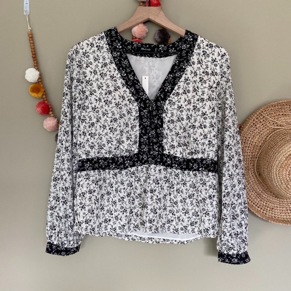Madewell Black & White Floral Peplum Blouse Top Size Medium - Picture 4 of 10